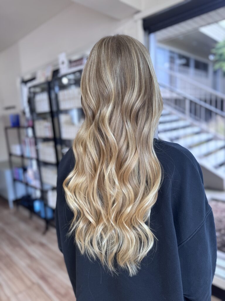 full-head balayage highlights, dimensional bronde color by a stylist at willow hair, eugene OR