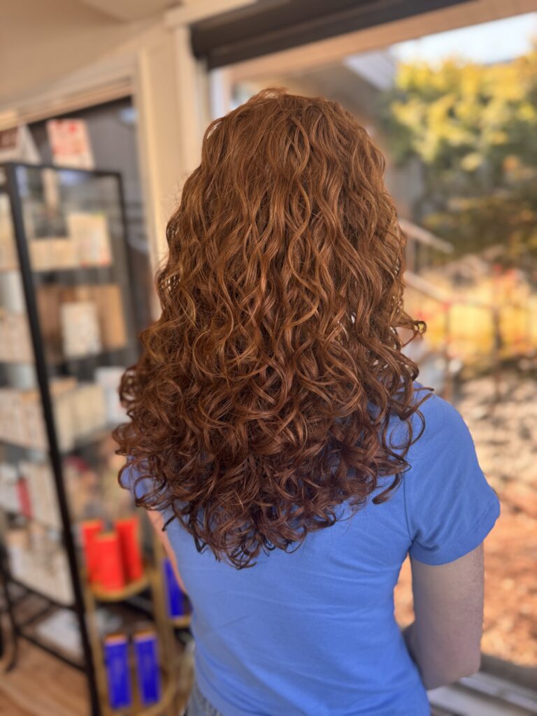 curly redhead hair, natural texture and curl pattern by a stylist at willow hair, eugene ORcurly redhead hair, natural texture cut and color by a stylist at willow hair, eugene OR